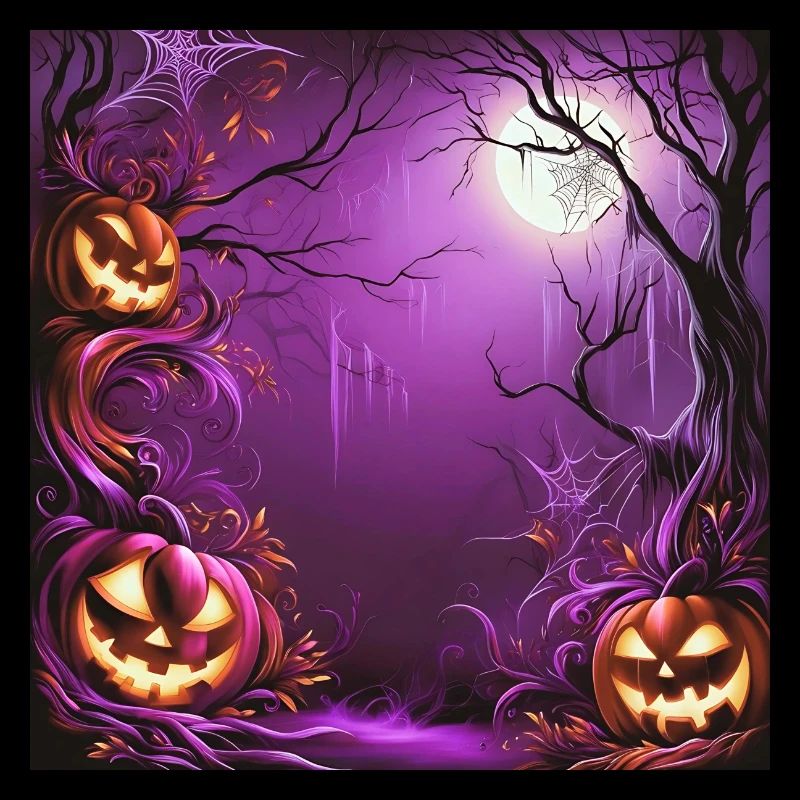 spooky purple forest in moonlight with pumpkins
