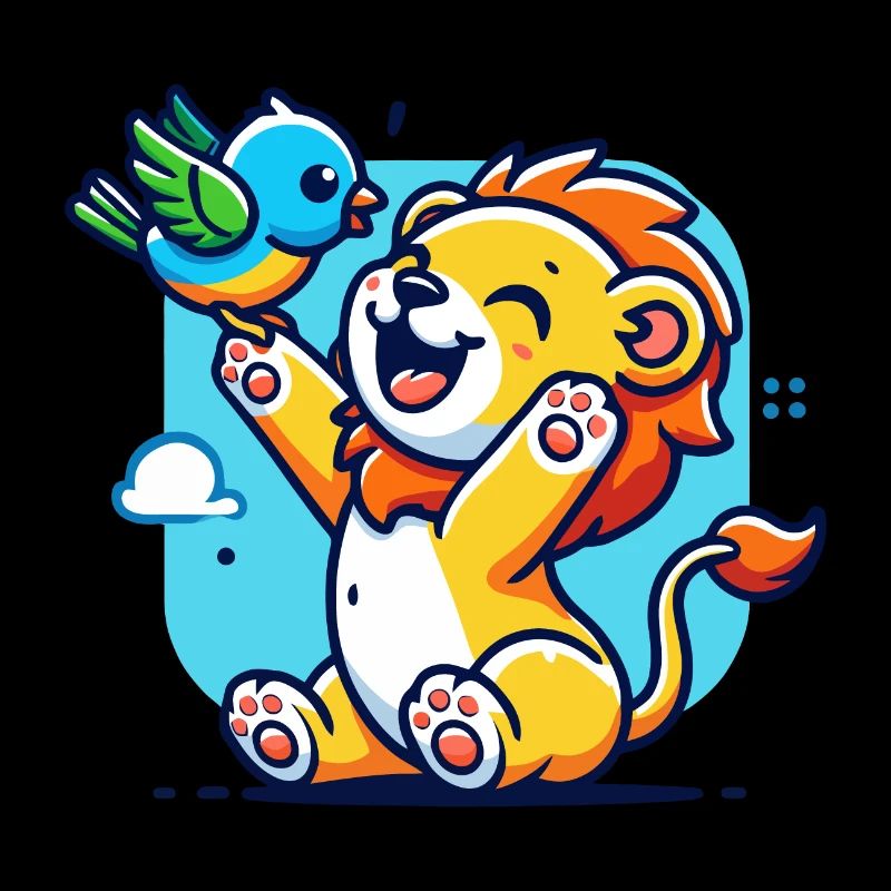 Lion mignon jouant avec un oiseau coloré