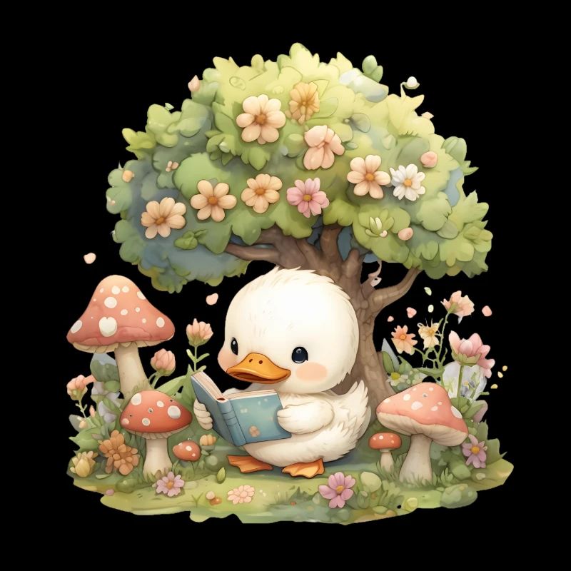 Kawaii Duck Reading Under Tree Mushrooms