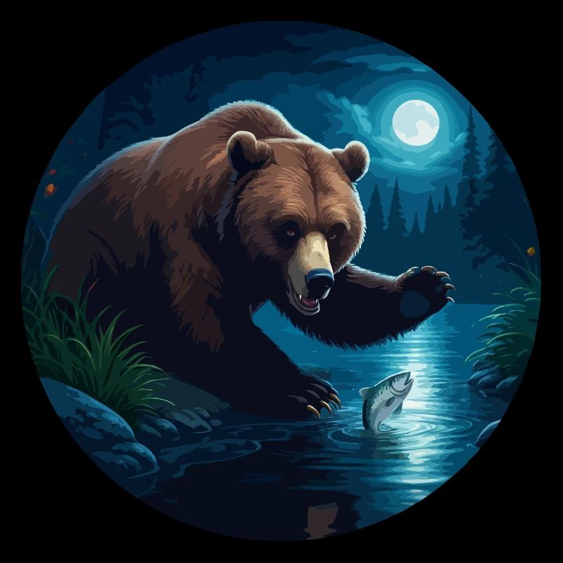 L’ours attrape du poisson au clair de lune