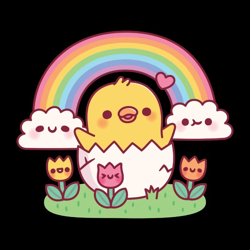 Cute Chick In Egg Tulips Clouds Rainbow Spring