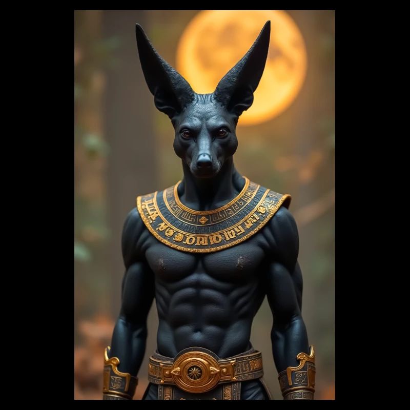 Anubis, jackal-headed god, standing in a dimly lit