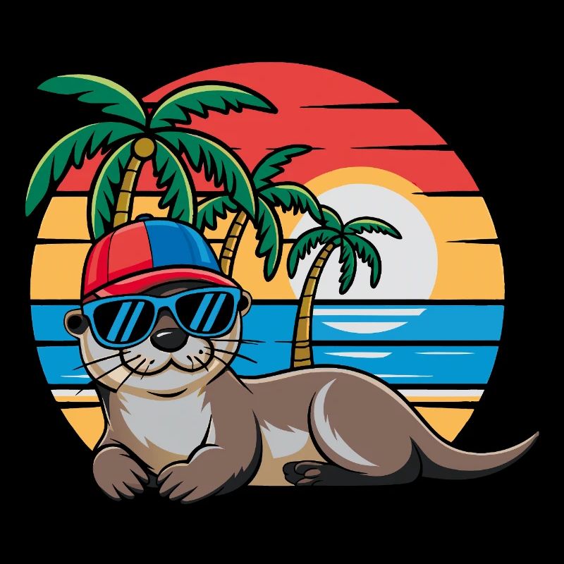 Otter with sunglasses and baseball cap on the beach
