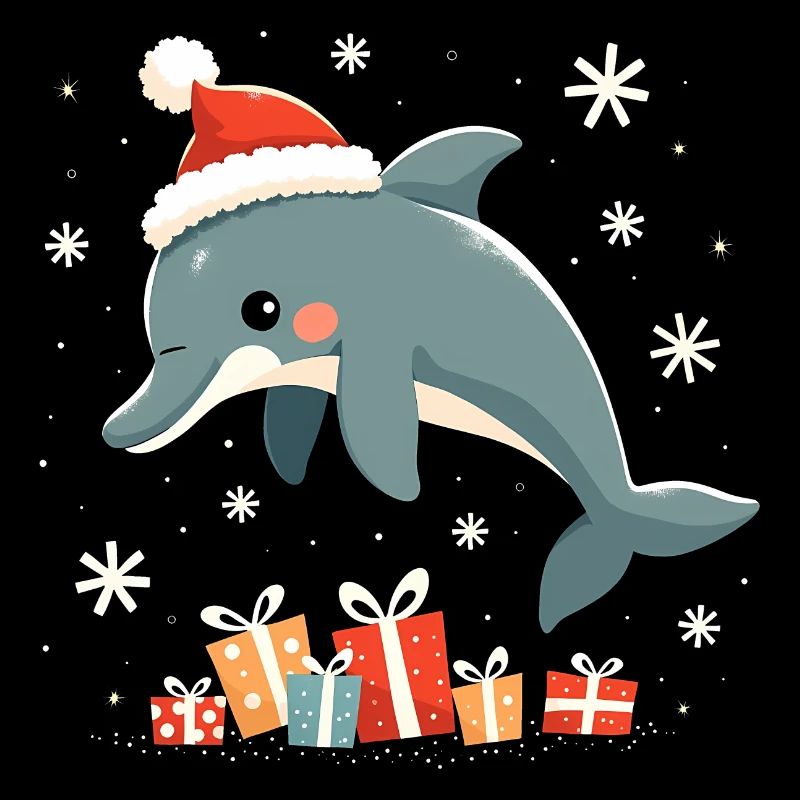 Dolphin with Santa Hat - Snowflakes