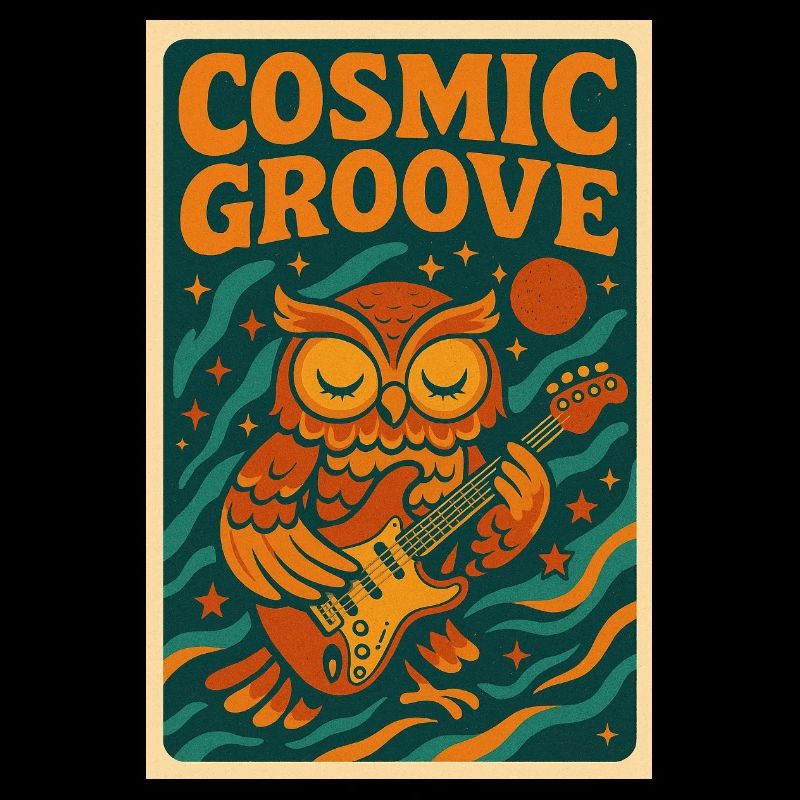 Psychedelic retro design with owl and guitar