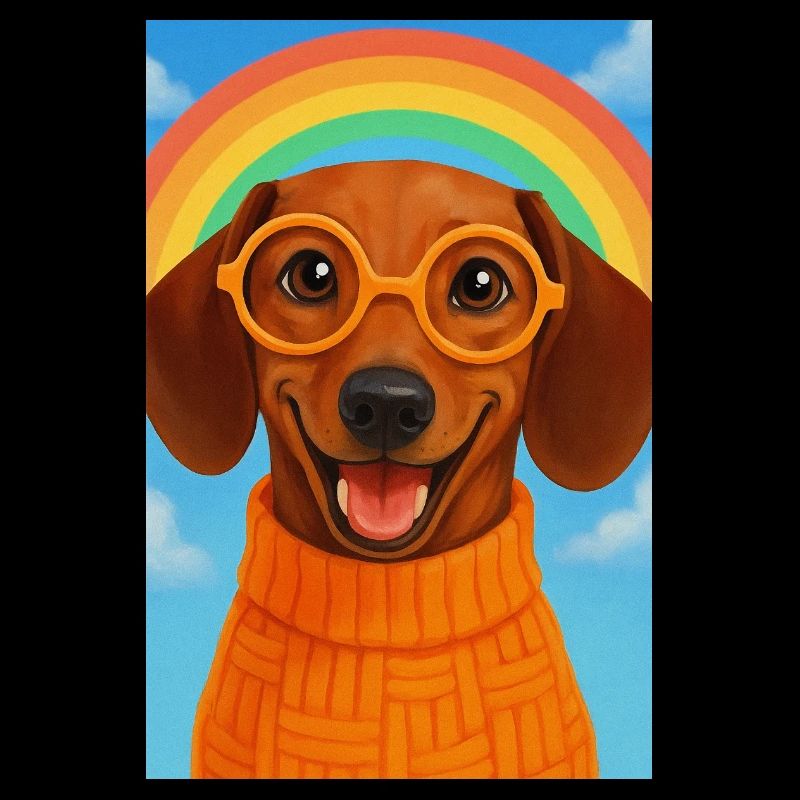 Glücklicher Hund mit Brille und Regenbogen