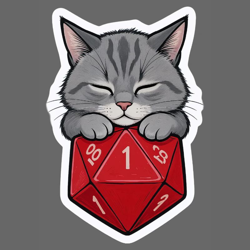Bébé chat endormi sur D20 Cube – Dessin animé