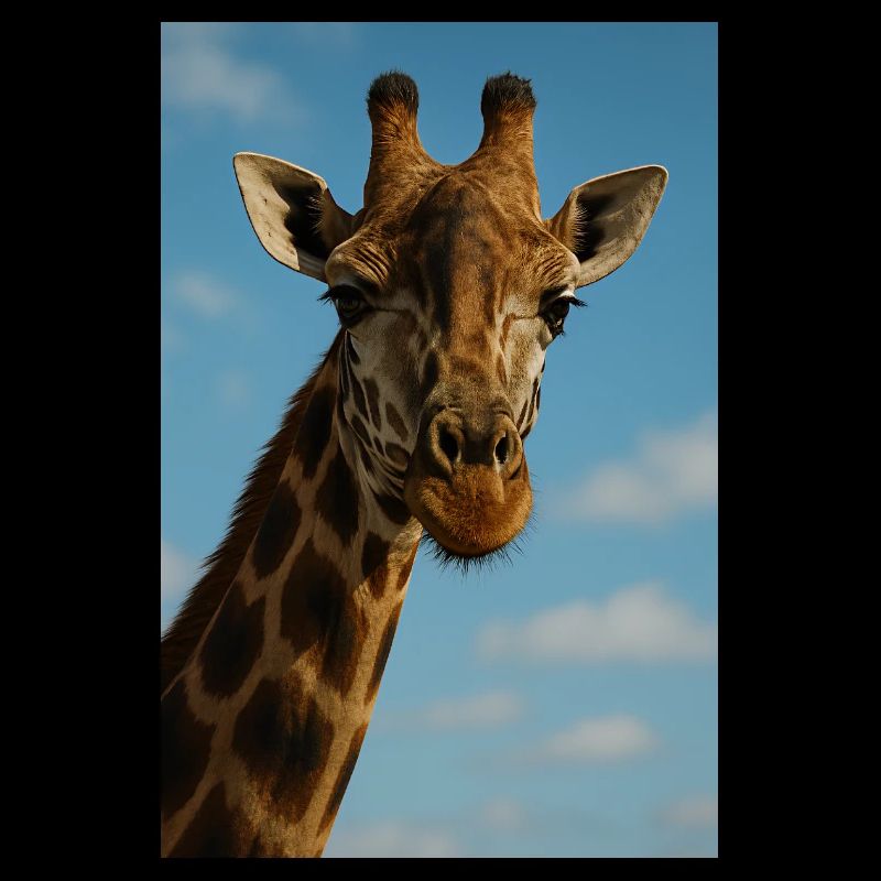 Giraffe face against blue sky