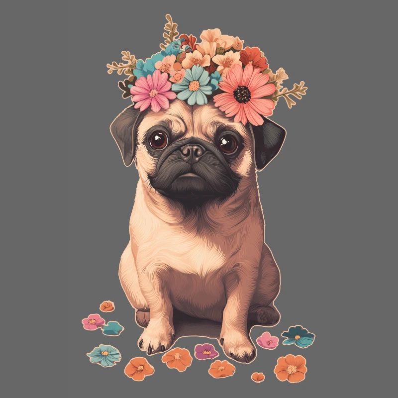 Mops mit Blumen