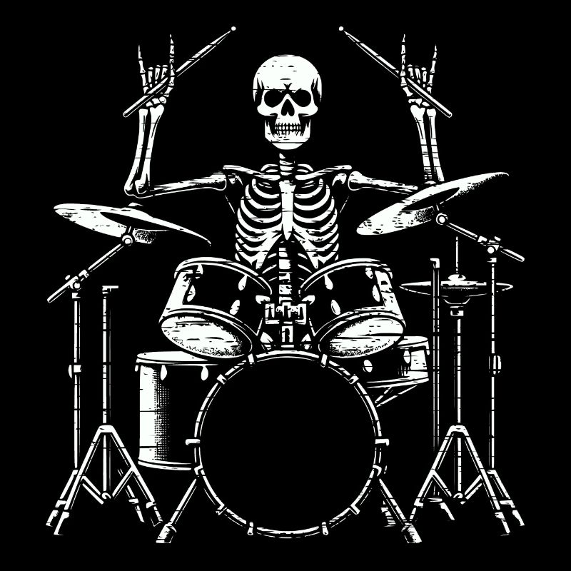 Squelette de crâne de batteur sur la batterie