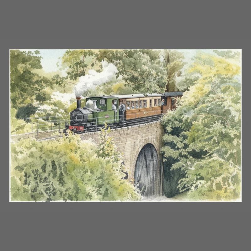 Aquarell-Dampfeisenbahn-Viadukt