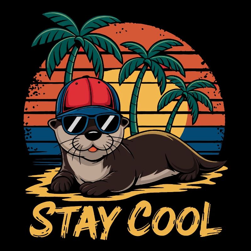 Otter with sunglasses and baseball cap on the beach