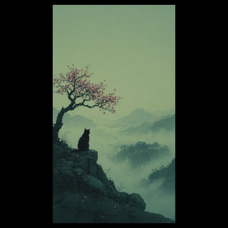 Chat noir à Sakura Tree – Design zen asiatique
