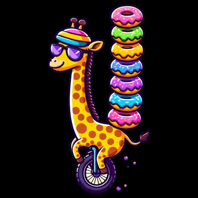 Giraffe auf einem Einrad mit bunten Donuts