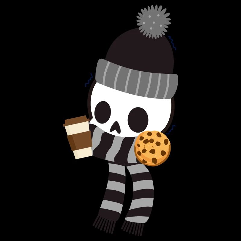 Shivering skeleton with coffee and cookie