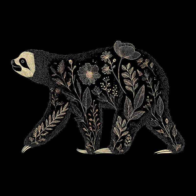 Sloth silhouette with floral lines