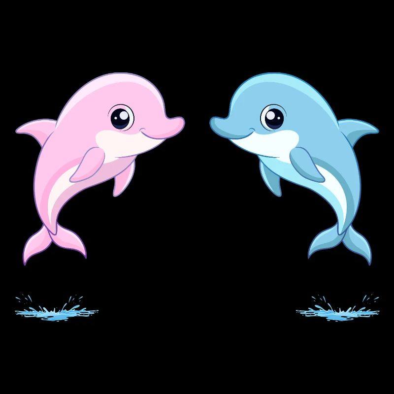 Zwei Baby-Zwillinge blauer und rosa Delfine, springend
