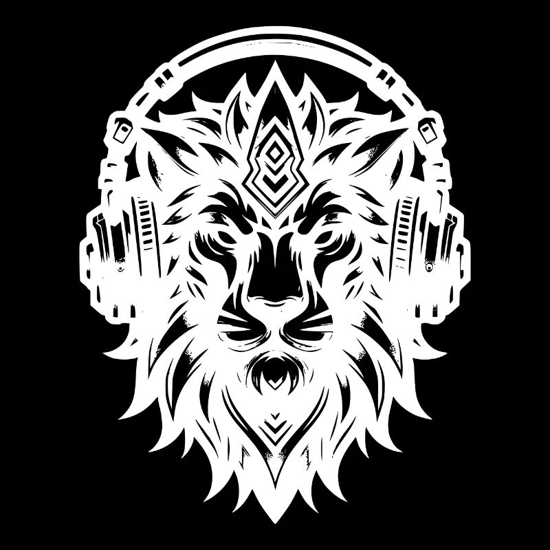Tête de lion tribal avec écouteurs