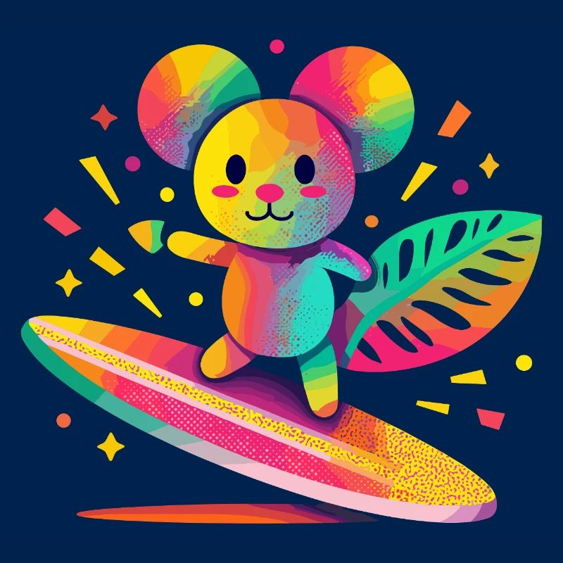 Bunter Bär surft auf Surfbrett