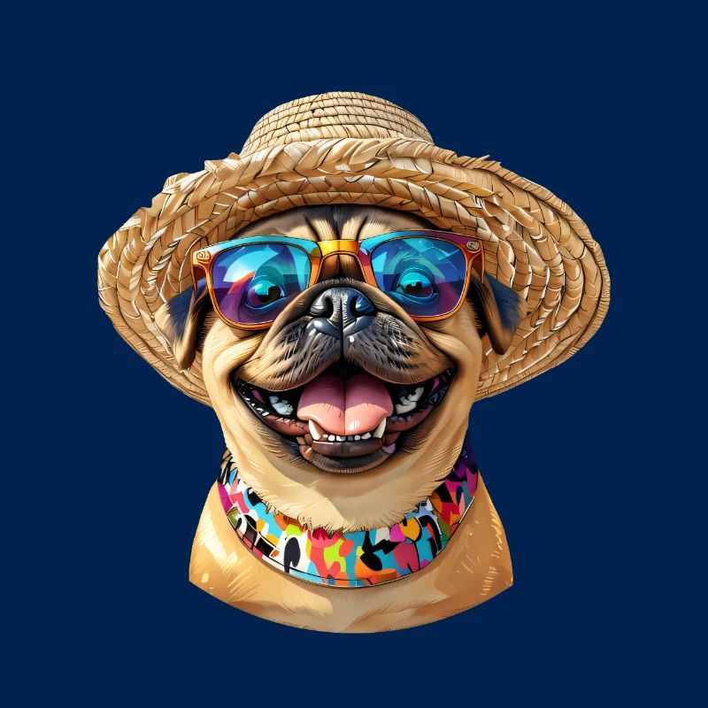 Fröhlicher Mops mit Sonnenbrille & Strohhut
