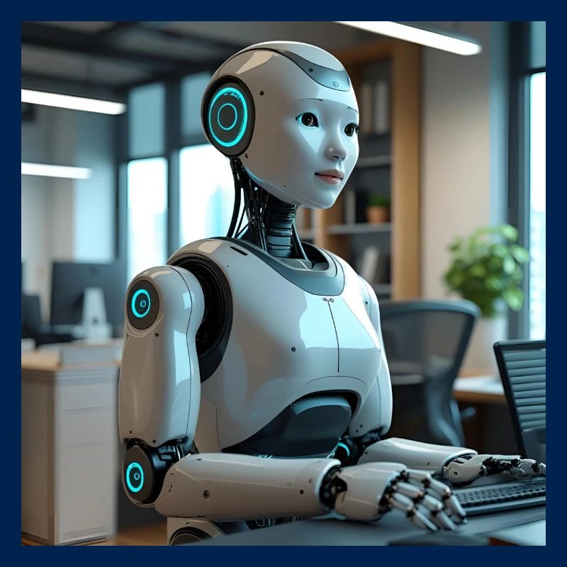Humanoid robot in blue office