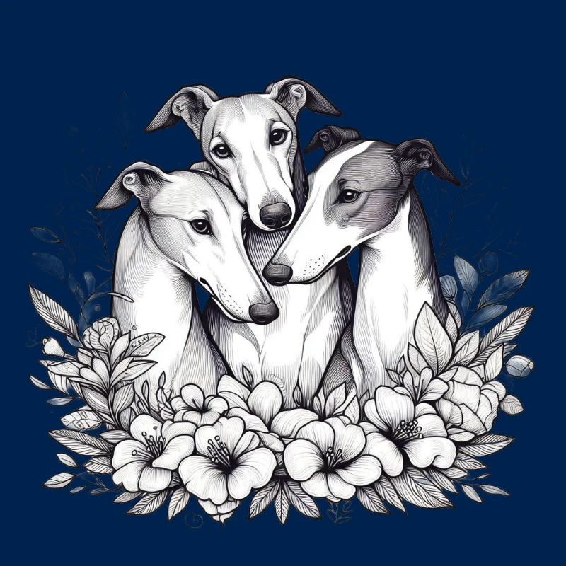 Trois lévriers dans un cercle de fleurs