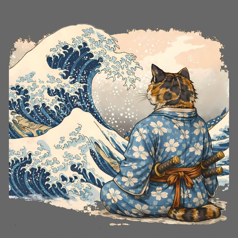 Samurai Cat Wave Japanese Ukiyo-e Style