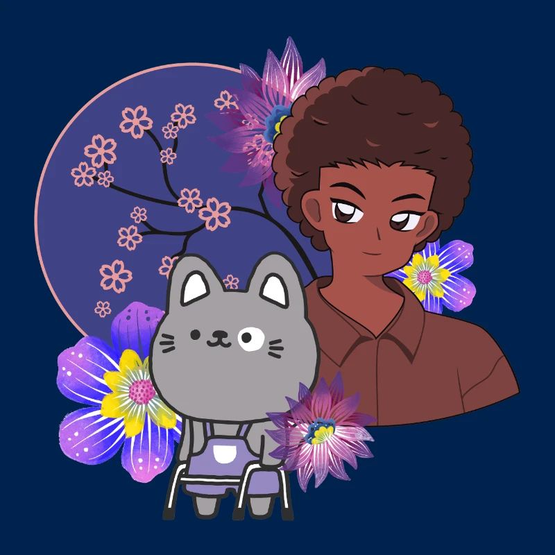 Anime-Junge und Katze mit Walker-Kunst