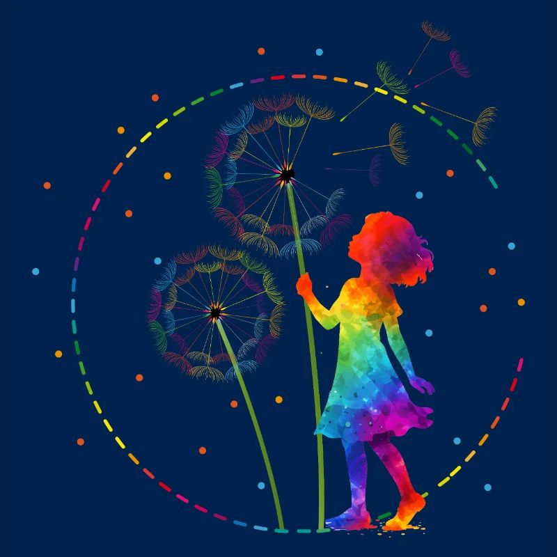 Regenbogen Mädchen mit Pusteblume
