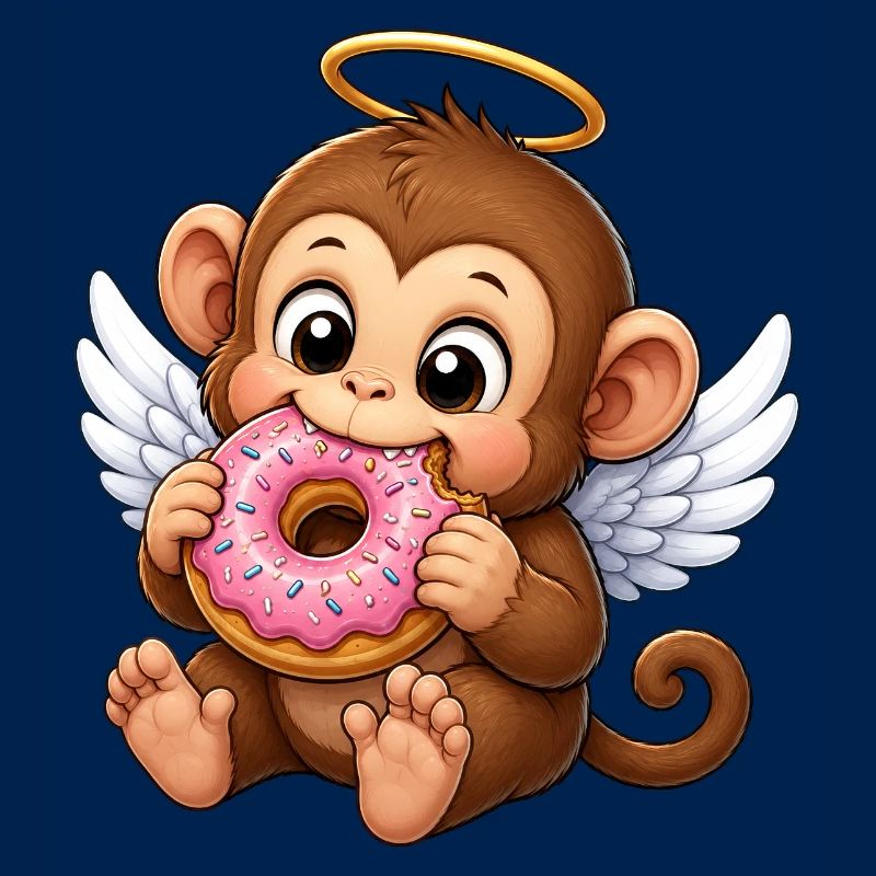 Dessin animé singe singe chimpanzé ange et beignet grignotant
