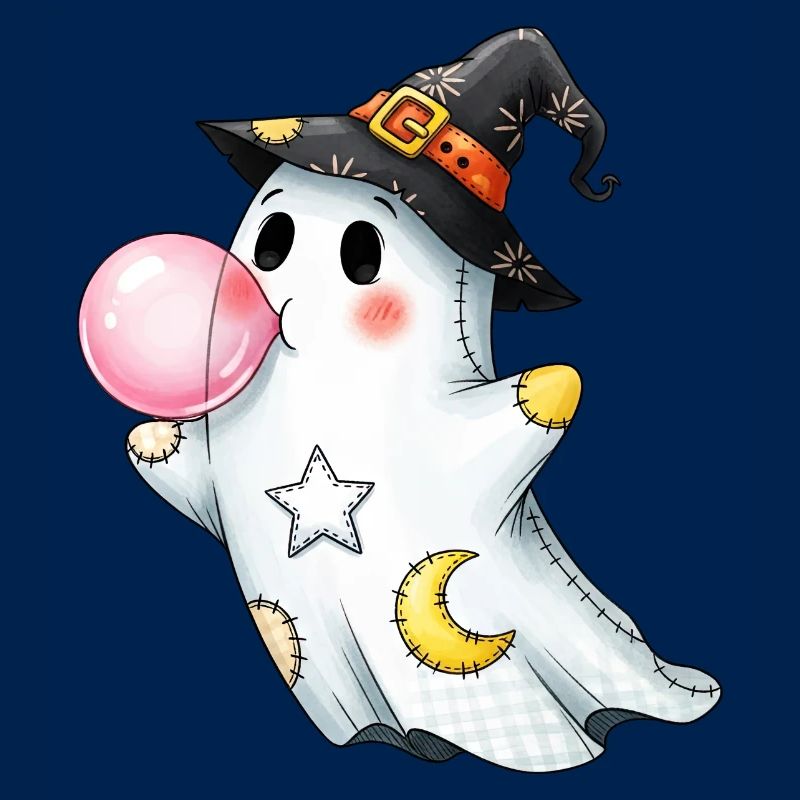 Patchwork cartoon ghost with bubble gum bubble