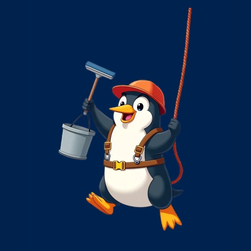 Penguin cleaning windows - Abseiling down