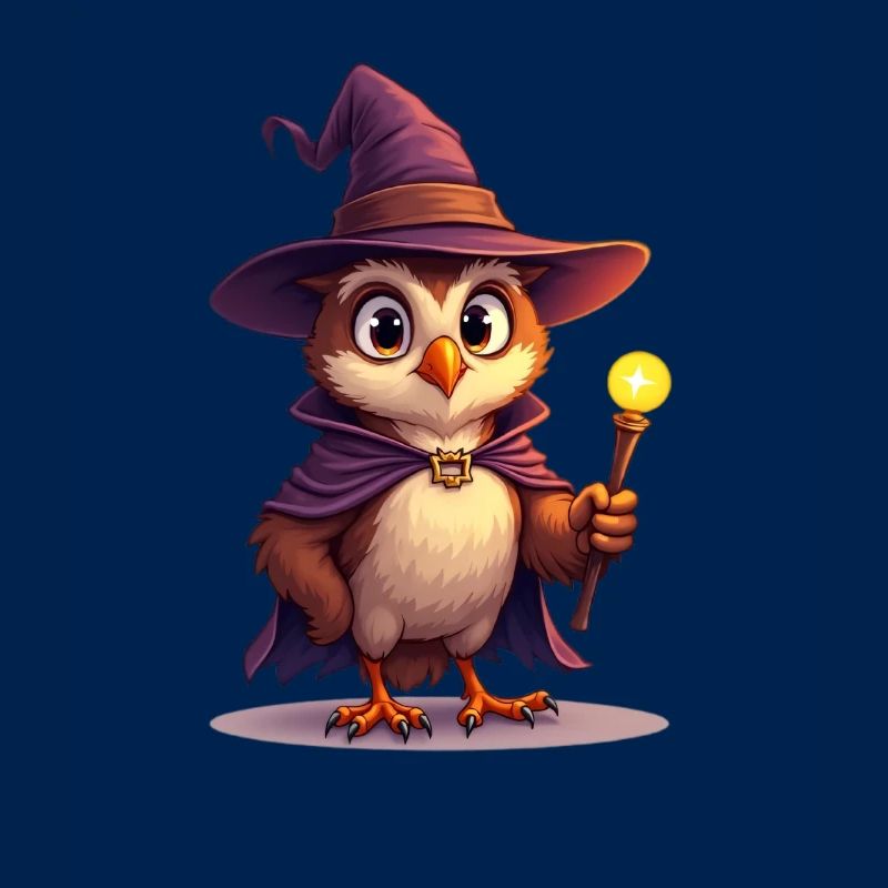 Magical owl wizard with magic wand