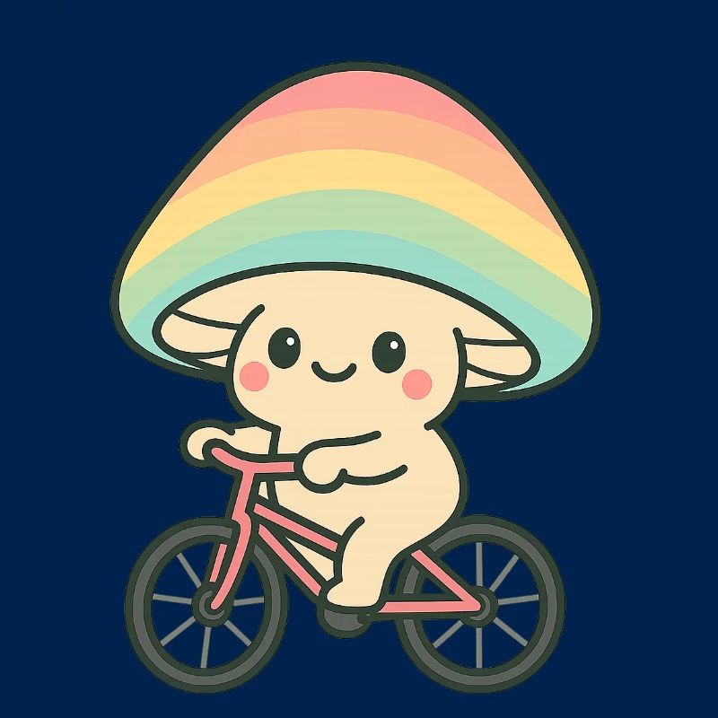 Verspielter Pilz-Radfahrer mit Regenbogen