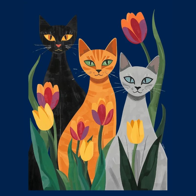 Three stylized cats: black, gray, orange