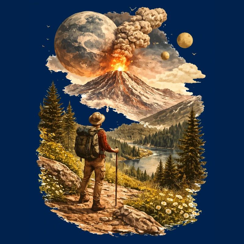 Des randonneurs devant un volcan en éruption et un monde étrange