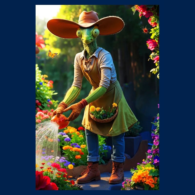 Humanoide Gartenmantis mit Scheunenhut