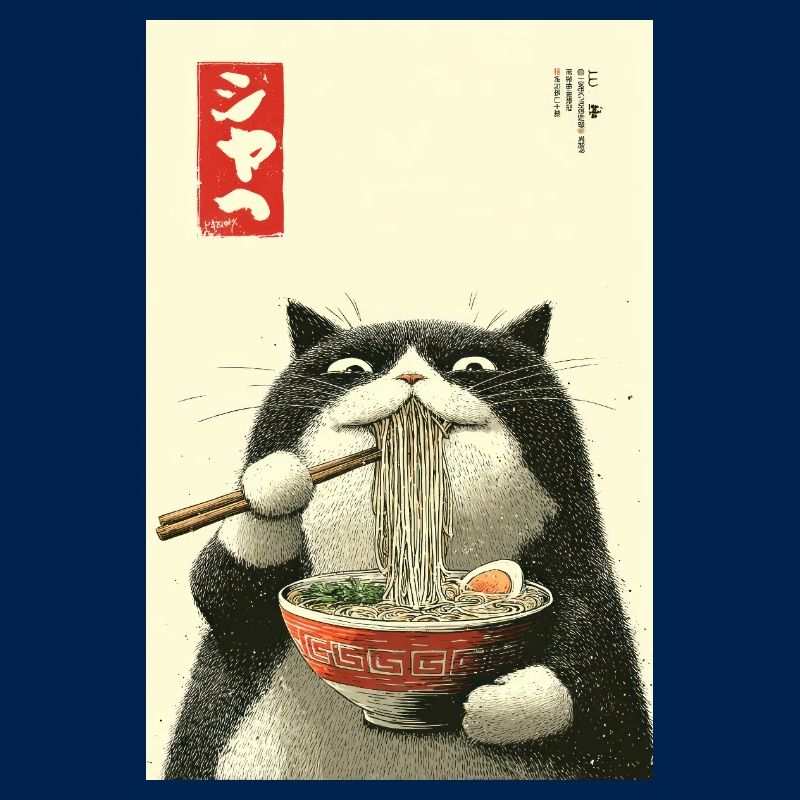 Ramen Cat in Ukiyo-e Style