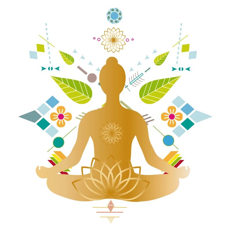 Silhouette de yoga dorée avec des éléments colorés