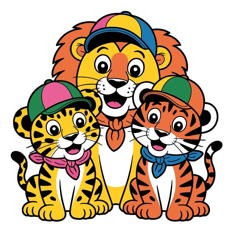 Fröhliche Tierfreunde Trio Löwe Tiger Leopard