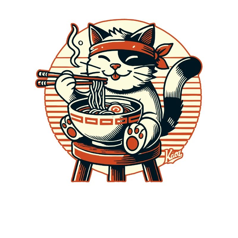 Manger des ramen, chat heureux