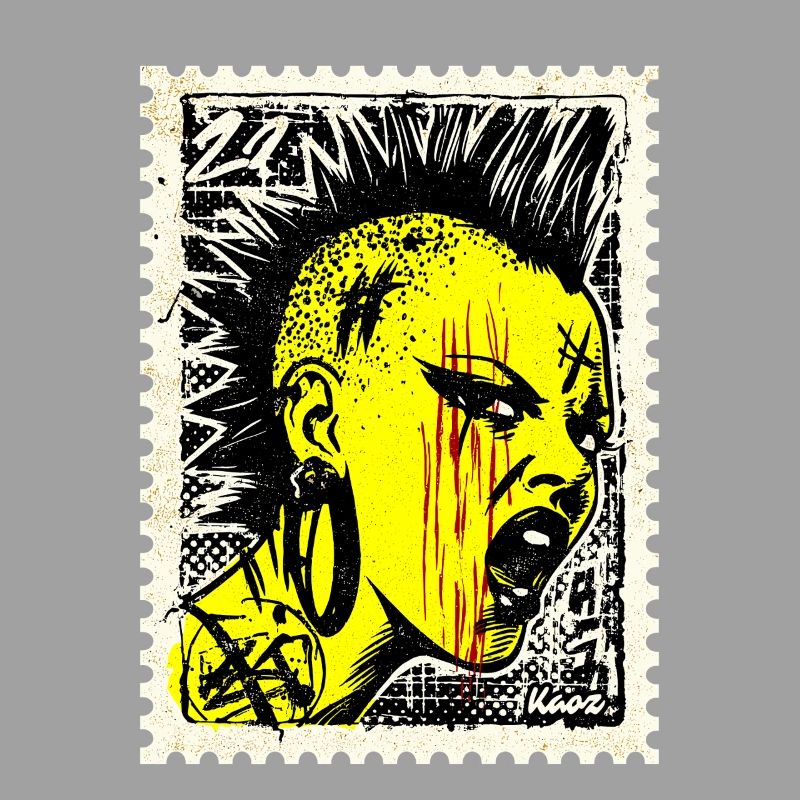 Femme punk sauvage avec mohawk et colère sur timbre-poste