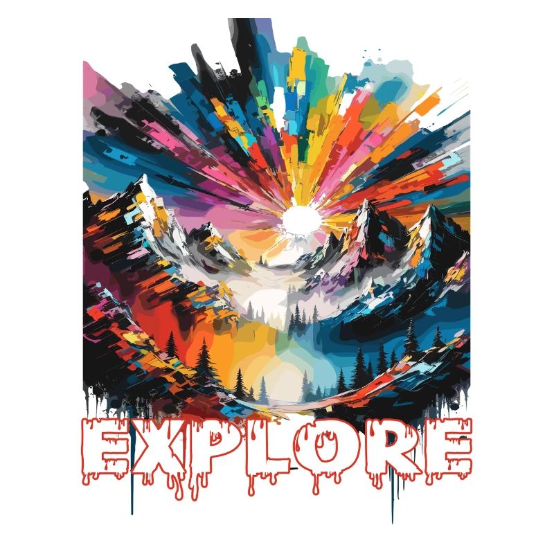 Colourful landscape with 'Explore' print