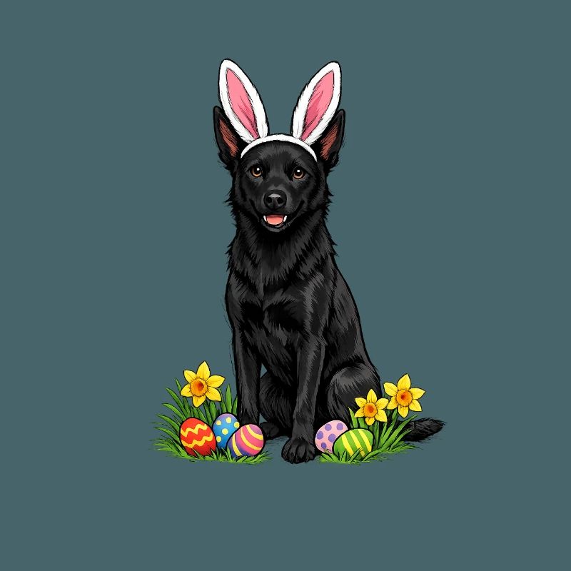 Easter dog with bunny ears and Easter eggs