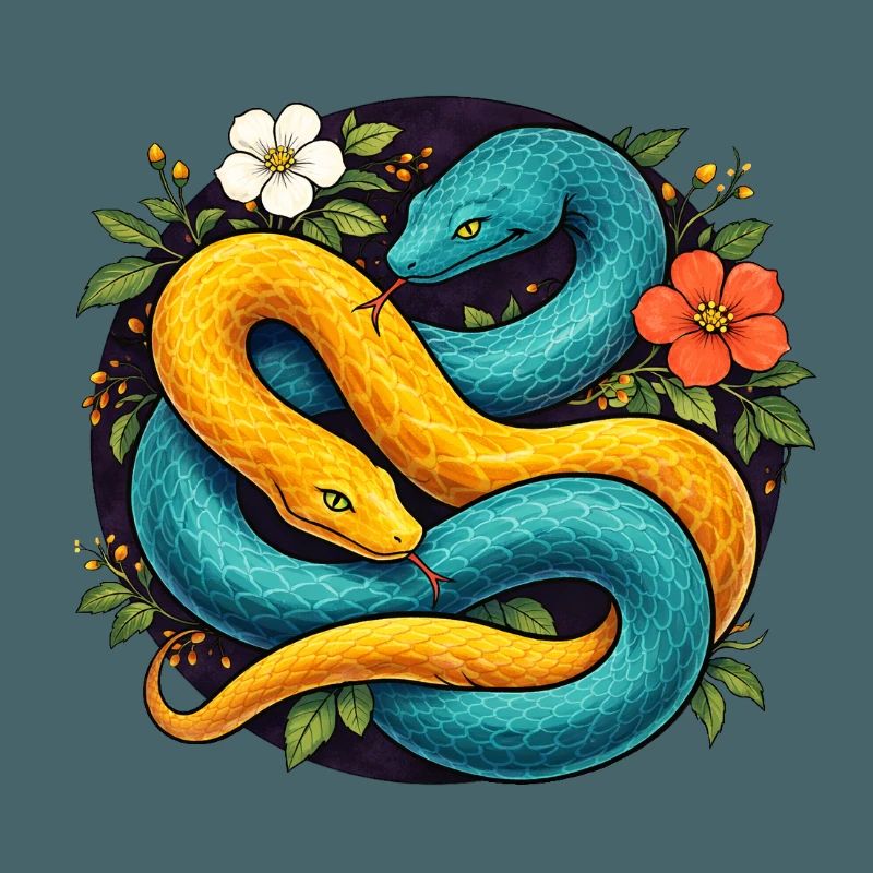 Deux serpents python dans l’anneau fleuri