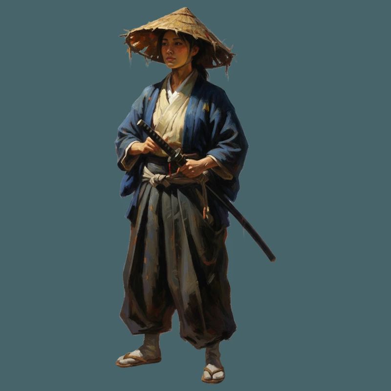 samurai warrior with straw hat realistic