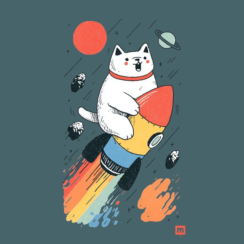 Chat sur fusée dans l’espace coloré