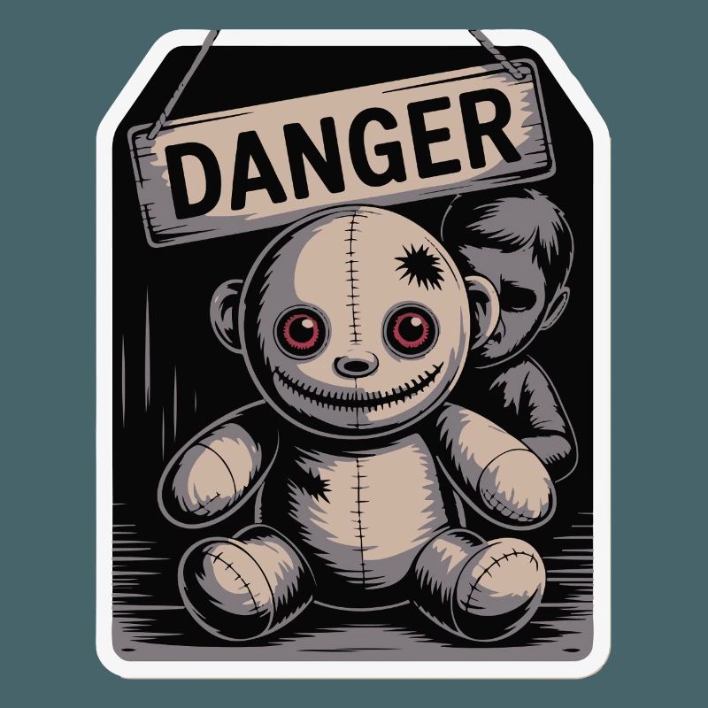 Poupée étrange avec un panneau de danger