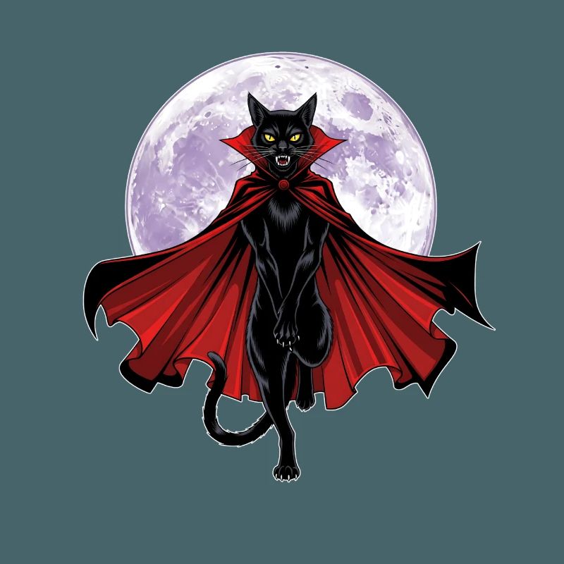 Chat vampire graphique avec cape devant une pleine lune