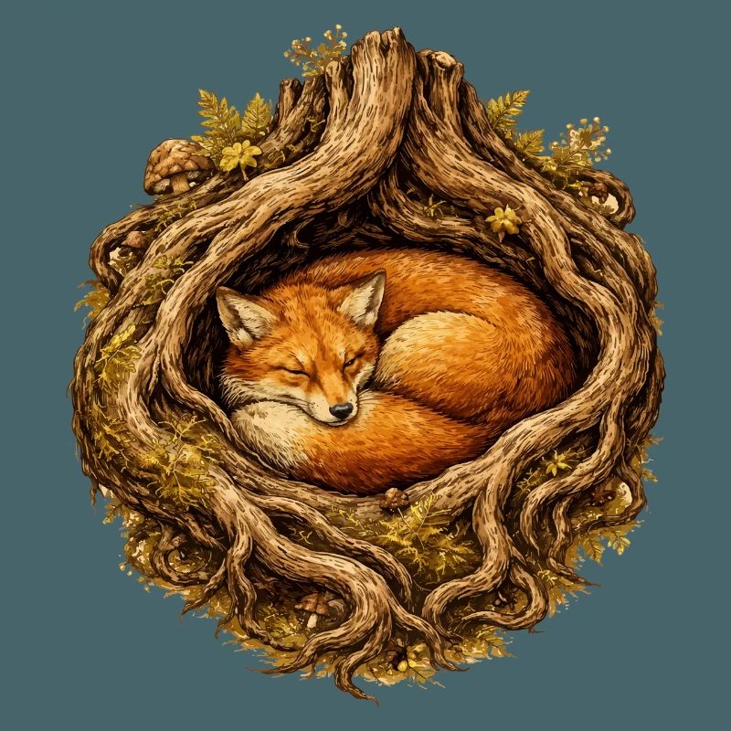 Sleeping fox in the root structure – forest motif